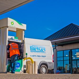 Mercer Service Tech truck and technician working on petroleum gas pump